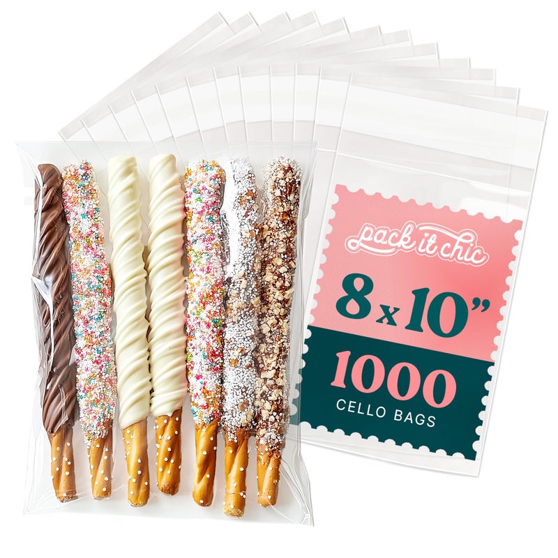 Pack It Chic - 8" X 10" Clear Self Sealing Cellophane Bags (1000 Pack) - Cookie and Pretzel Rod Bags With Resealable Adhesive for Baked Goods Packaging, Candy, Pastries, Bread, Treats, Party Favors - Image 1